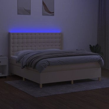 vidaXL Κρεβάτι Boxspring με Στρώμα & LED Κρεμ 180x200cm Υφασμάτινο 1 τεμ. - Διπλό
