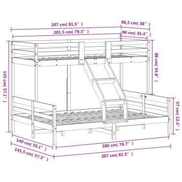 vidaXL Κουκέτα 90x200/140x200cm από Μασίφ Ξύλο Πεύκου 1 τεμ. - Διπλό