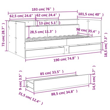 vidaXL Καναπές Κρεβάτι με Συρτάρια Χωρίς Στρώμα Sonoma Δρυς 90x190 εκ.