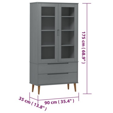 vidaXL Βιτρίνα MOLDE Γκρι 90x35x175cm από Μασίφ Ξύλο Πεύκου 1 τεμ.