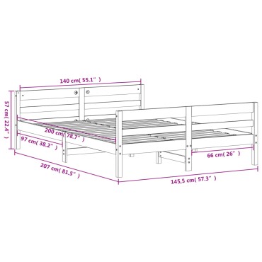vidaXL Σκελετός Κρεβ. Χωρίς Στρώμα Λευκό 140x200cm Μασίφ Πεύκο 1 τεμ. - Διπλό
