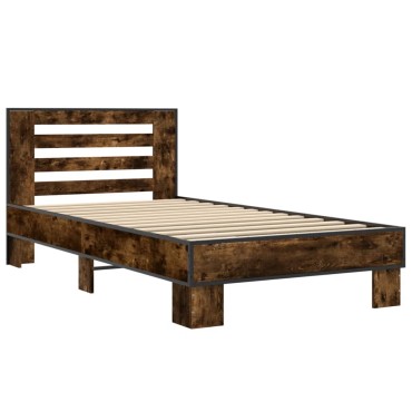 vidaXL Πλαίσιο Κρεβατιού Καπνιστή Δρυς 75x190cm Επεξ. Ξύλο & Μέταλλο 1 τεμ. - Μονό