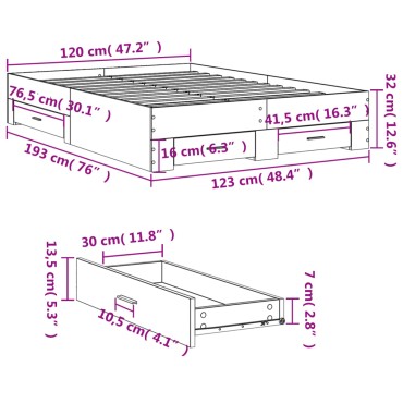 vidaXL Πλαίσιο Κρεβατιού με συρτάρια Sonoma Δρυς 120x190εκ. Επεξ. Ξύλο