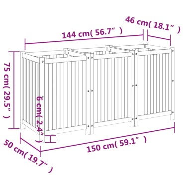 vidaXL Ζαρντινιέρα Κήπου με Επένδυση 150x50x75 εκ. Μασίφ Ξύλο Ακακίας