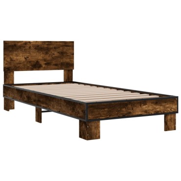 vidaXL Πλαίσιο Κρεβατιού Καπνιστή Δρυς 90x190cm Επεξ.Ξύλο & Μέταλλο 1 τεμ. - Μονό