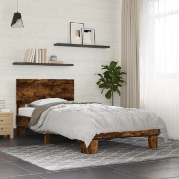 vidaXL Πλαίσιο Κρεβατιού Καπνιστή Δρυς 90x190cm Επεξ.Ξύλο & Μέταλλο 1 τεμ. - Μονό