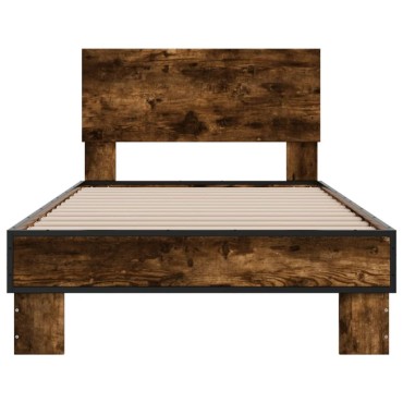 vidaXL Πλαίσιο Κρεβατιού Καπνιστή Δρυς 90x190cm Επεξ.Ξύλο & Μέταλλο 1 τεμ. - Μονό