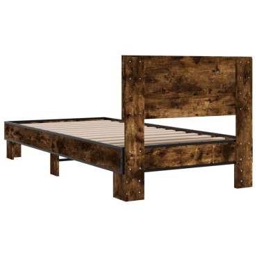 vidaXL Πλαίσιο Κρεβατιού Καπνιστή Δρυς 90x190cm Επεξ.Ξύλο & Μέταλλο 1 τεμ. - Μονό