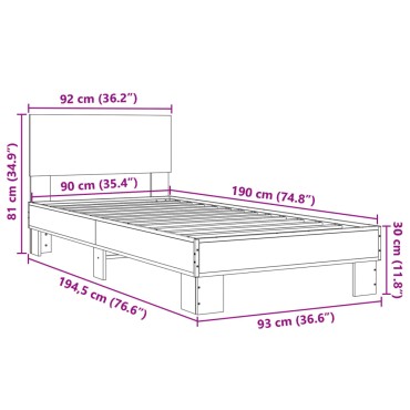 vidaXL Πλαίσιο Κρεβατιού Καπνιστή Δρυς 90x190cm Επεξ.Ξύλο & Μέταλλο 1 τεμ. - Μονό