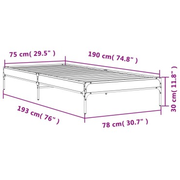 vidaXL Πλαίσιο Κρεβατιού Γκρι Sonoma 75x190 εκ. Επεξ. Ξύλο & Μέταλλο