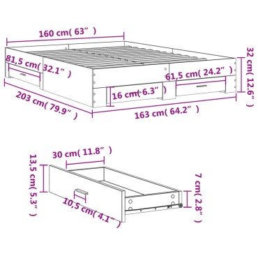 vidaXL Πλαίσιο Κρεβατιού με συρτάρια Sonoma Δρυς 160x200εκ. Επεξ. Ξύλο