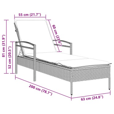 vidaXL Ξαπλώστρα Μαύρο 63x200x81cm από Συνθετικό Ρατάν με Μαξιλάρι 1 τεμ.