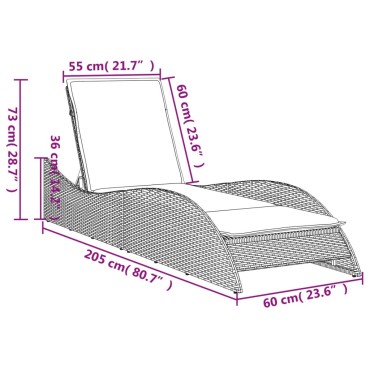 vidaXL Ξαπλώστρα Μαύρο 60x205x73cm από Συνθετικό Ρατάν με Μαξιλάρι 1 τεμ.