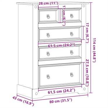 vidaXL Συρταριέρα Corona 80x43x114cm από Μασίφ Ξύλο Πεύκου