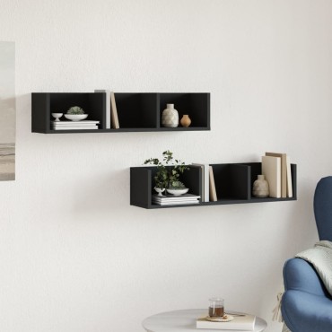 vidaXL Ντουλάπια Τοίχου 2 τεμ. Μαύρα 75x18x16,5cm Επεξεργασμένο Ξύλο