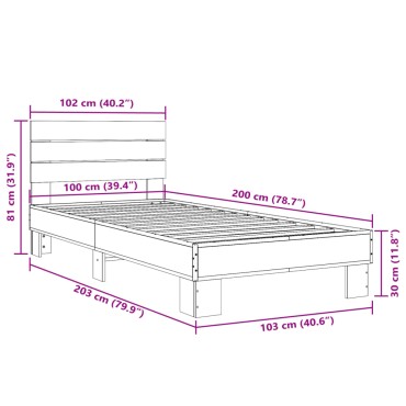 vidaXL Πλαίσιο Κρεβατιού Καφέ Δρυς 100x200cm Επεξ. Ξύλο & Μέταλλο 1 τεμ. - Μονό