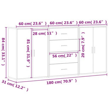 vidaXL Βοηθητικά Ντουλάπια 3 τεμ. Λευκό 60x31x84cm Επεξεργ. Ξύλο