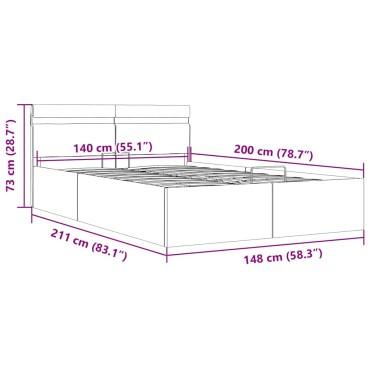 vidaXL Πλαίσιο Κρεβατιού Αποθ. Χώρο/LED Μαύρο 140x200 εκ. Δερματίνη