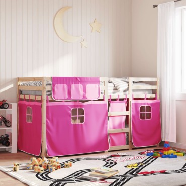 vidaXL Κουκέτα με Κουρτίνες Ροζ 75x190cm Μασίφ Ξύλο Πεύκου 1 τεμ. - Μονό
