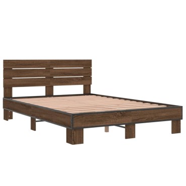vidaXL Πλαίσιο Κρεβατιού Καφέ Δρυς 140x190cm Επεξ. Ξύλο & Μέταλλο 1 τεμ. - Μονό
