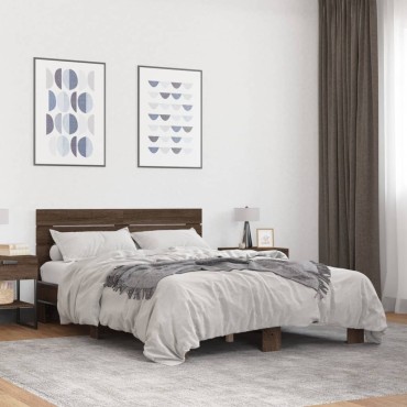 vidaXL Πλαίσιο Κρεβατιού Καφέ Δρυς 140x190cm Επεξ. Ξύλο & Μέταλλο 1 τεμ. - Μονό