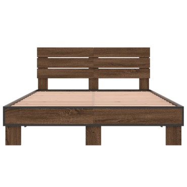vidaXL Πλαίσιο Κρεβατιού Καφέ Δρυς 140x190cm Επεξ. Ξύλο & Μέταλλο 1 τεμ. - Μονό