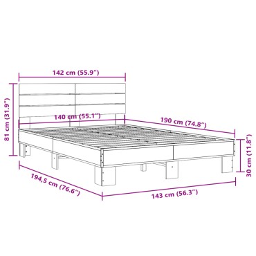 vidaXL Πλαίσιο Κρεβατιού Καφέ Δρυς 140x190cm Επεξ. Ξύλο & Μέταλλο 1 τεμ. - Μονό
