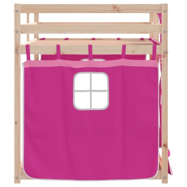vidaXL Κουκέτα με Κουρτίνες Ροζ 90x190cm Μασίφ Ξύλο Πεύκου 1 τεμ. - Μονό