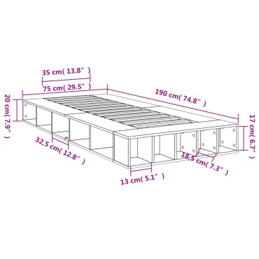 vidaXL Πλαίσιο Κρεβατιού Γκρι Sonoma 75x190 εκ. Επεξεργασμένο Ξύλο