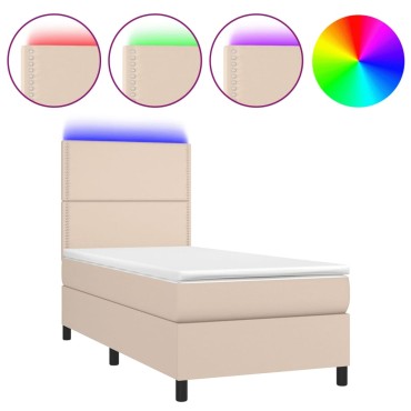 vidaXL Κρεβάτι Boxspring Στρώμα&LED Καπουτσίνο 90x190 εκ. Συνθ. Δέρμα