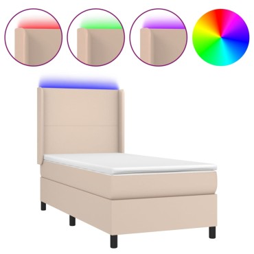vidaXL Κρεβάτι Boxspring Στρώμα&LED Καπουτσίνο 90x190 εκ. Συνθ. Δέρμα