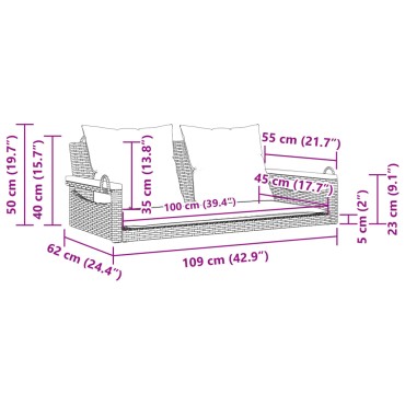 vidaXL Παγκάκι Κουνιστό Γκρι 109x62x40cm Συνθετικό Ρατάν με Μαξιλάρια 1 τεμ.