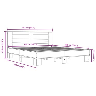 vidaXL Πλαίσιο Κρεβατιού Καφέ Δρυς 150x200cm Επεξ. Ξύλο & Μέταλλο 1 τεμ. - Διπλό