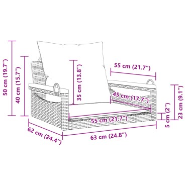 vidaXL Παγκάκι Κουνιστό Γκρι 63x62x40cm Συνθετικό Ρατάν με Μαξιλάρια 1 τεμ.