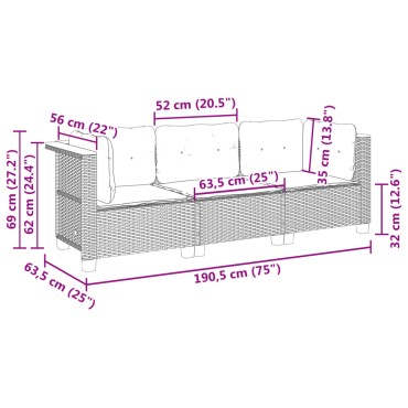 vidaXL Καναπές Κήπου Τριθέσιος Γκρι από Συνθετικό Ρατάν με Μαξιλάρια 56x56cm  Γωνιακός