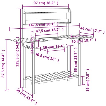vidaXL Τραπέζι για Γλάστρες+Νεροχύτη Γκρι 147,5x44x139,5εκ Μασίφ Ελάτη