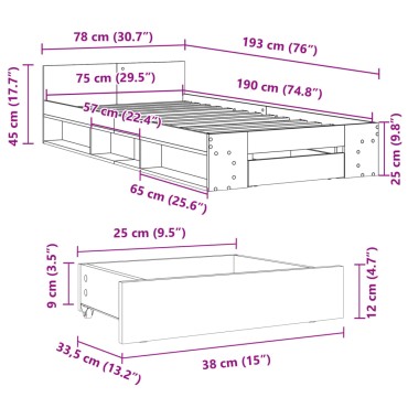 vidaXL Πλαίσιο Κρεβατιού με Συρτάρια Sonoma Δρυς 75x190 εκ. Επεξ. Ξύλο