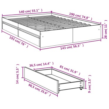 vidaXL Πλαίσιο Κρεβατιού με Συρτάρια Μαύρο 140x190 εκ Επεξεργ. Ξύλο