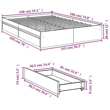 vidaXL Πλαίσιο Κρεβατιού με συρτάρια Sonoma Δρυς 140x200εκ. Επεξ. Ξύλο