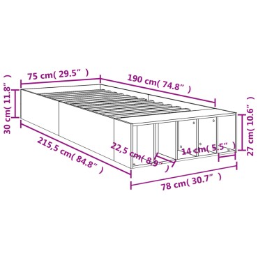 vidaXL Πλαίσιο Κρεβατιού Γκρι Sonoma 75x190 εκ. Επεξεργασμένο Ξύλο