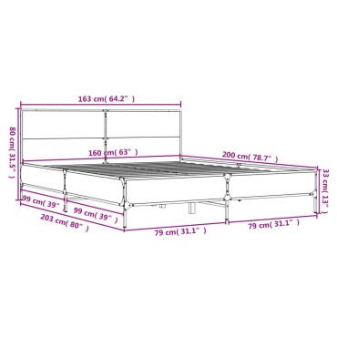 vidaXL Πλαίσιο Κρεβατιού Sonoma Δρυς 160x200 εκ. Επεξ. Ξύλο & Μέταλλο