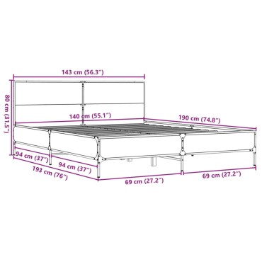 vidaXL Πλαίσιο Κρεβατιού Μαύρο 140 x 190 εκ. Επεξ. Ξύλο & Μέταλλο