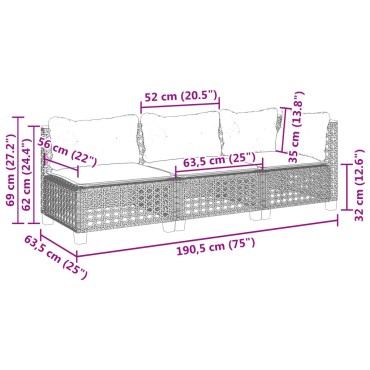 vidaXL Καναπές Κήπου Τριθέσιος Γκρι από Συνθετικό Ρατάν με Μαξιλάρια 56x56cm