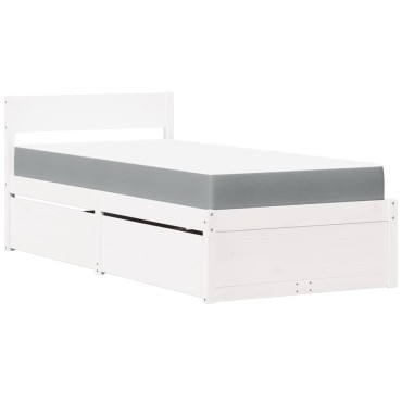 vidaXL Κρεβάτι με Συρτάρια+Στρώμα Λευκό 90x200cm Μασίφ Ξύλο Πεύκου 1 τεμ. - Μονό