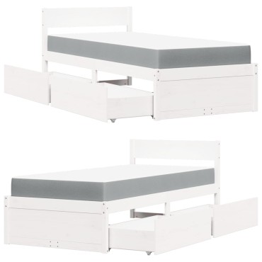 vidaXL Κρεβάτι με Συρτάρια+Στρώμα Λευκό 90x200cm Μασίφ Ξύλο Πεύκου 1 τεμ. - Μονό