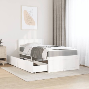 vidaXL Κρεβάτι με Συρτάρια+Στρώμα Λευκό 90x200cm Μασίφ Ξύλο Πεύκου 1 τεμ. - Μονό