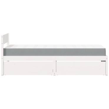vidaXL Κρεβάτι με Συρτάρια+Στρώμα Λευκό 90x200cm Μασίφ Ξύλο Πεύκου 1 τεμ. - Μονό