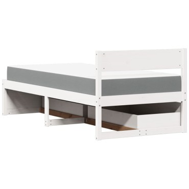 vidaXL Κρεβάτι με Συρτάρια+Στρώμα Λευκό 90x200cm Μασίφ Ξύλο Πεύκου 1 τεμ. - Μονό