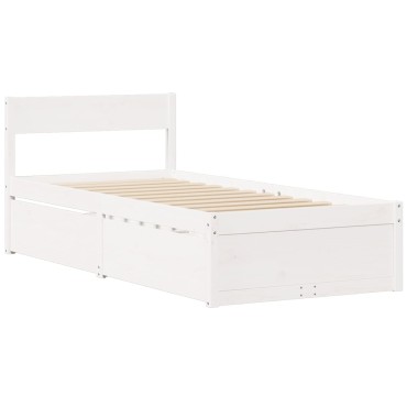 vidaXL Κρεβάτι με Συρτάρια+Στρώμα Λευκό 90x200cm Μασίφ Ξύλο Πεύκου 1 τεμ. - Μονό