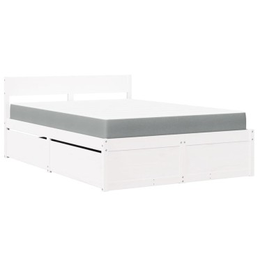 vidaXL Κρεβάτι με Συρτάρια+Στρώμα Λευκό 140x190 εκ. Μασίφ Ξύλο Πεύκου